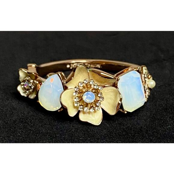 Betsey Johnson Rose Gold Tone Floral Bangle Bracelet with Faux Stones Butterfly - Picture 1 of 7